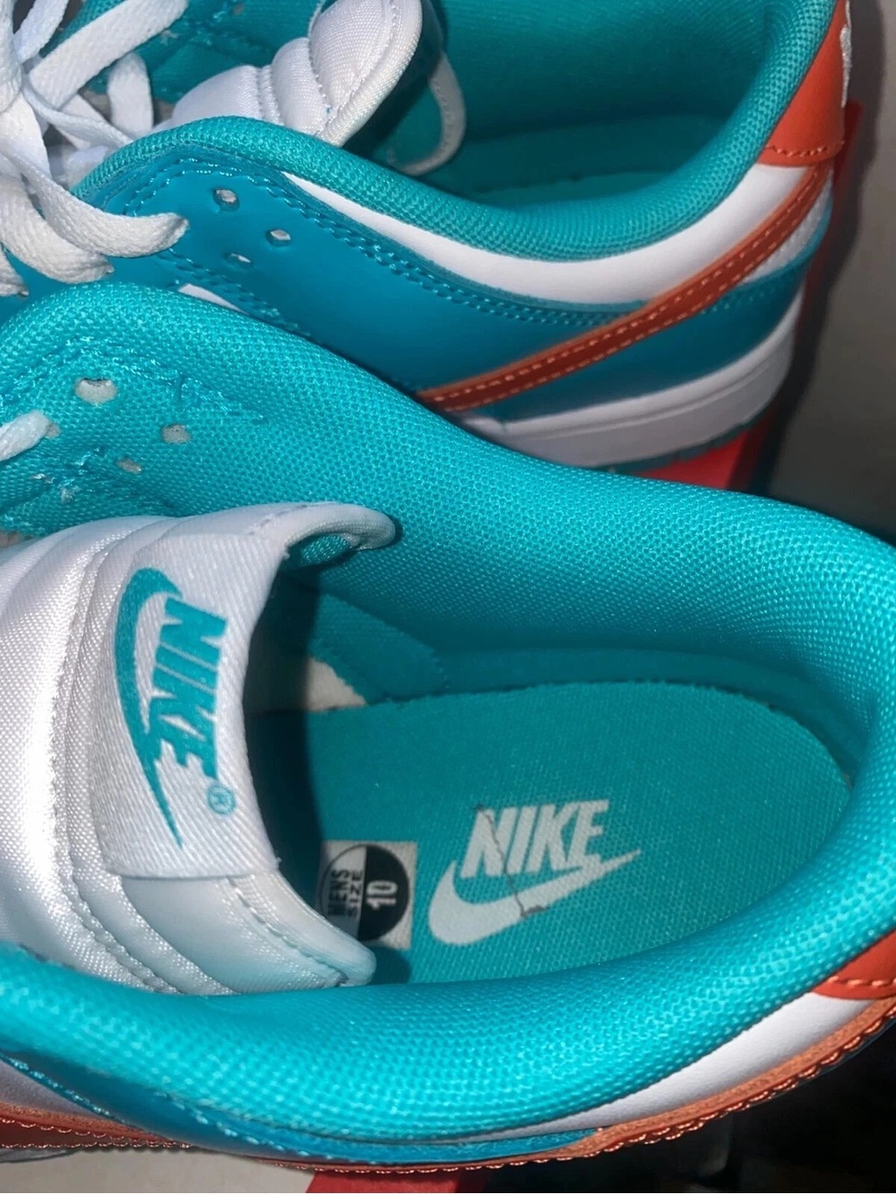 Nike Kids' Dunk Low Retro Sneakers - White/Teal/Orange Miami dolphins Sz 10 - Picture 5 of 7